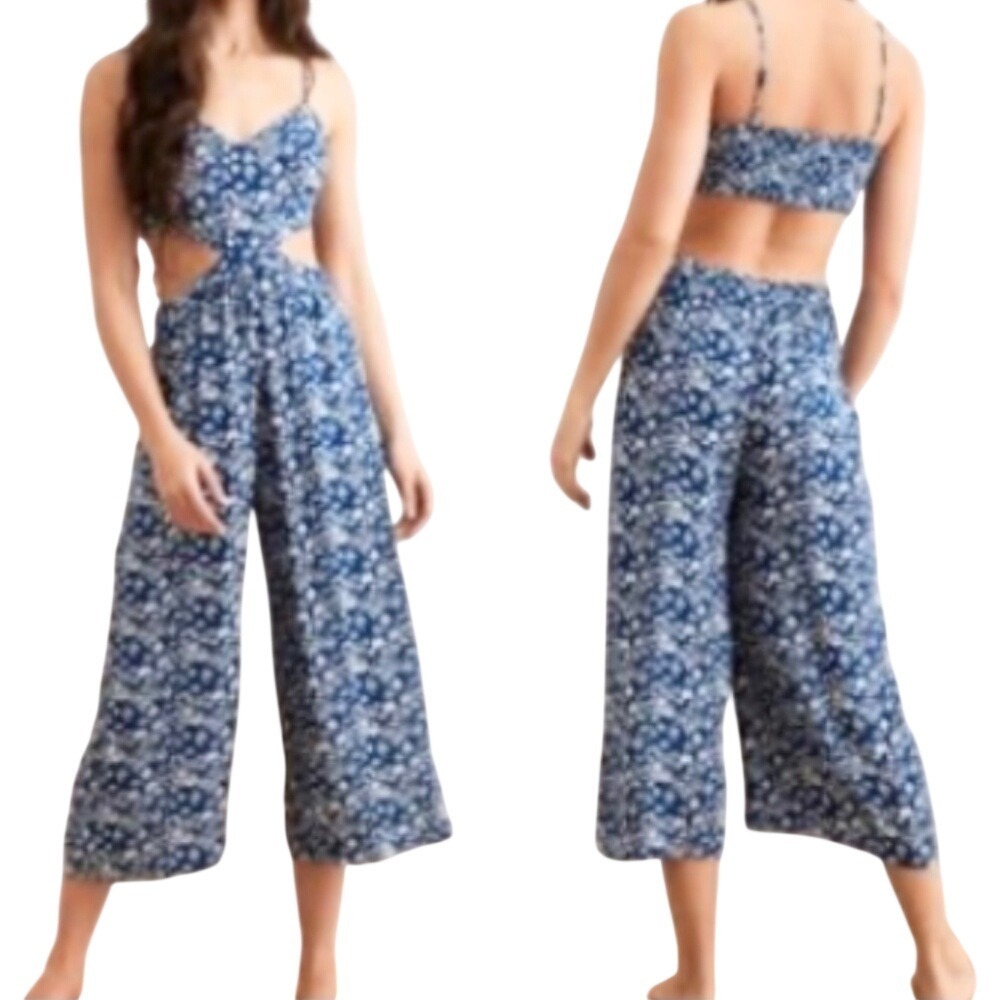 Aerie Jumpsuit Floral Cutout‎ Wide Leg, Womens L Blue
